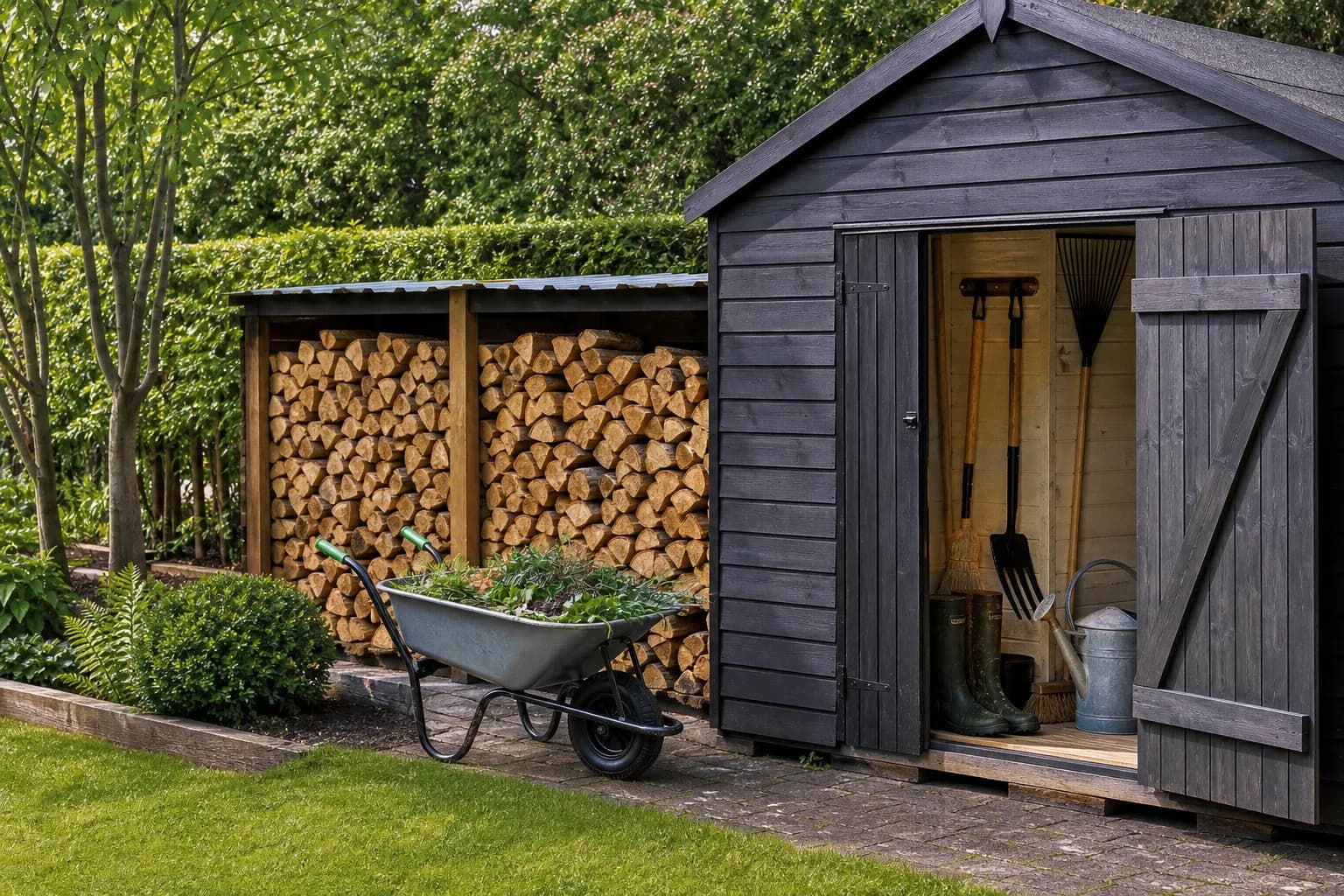 Neatly stacked logs and garden tools beside a garden shed