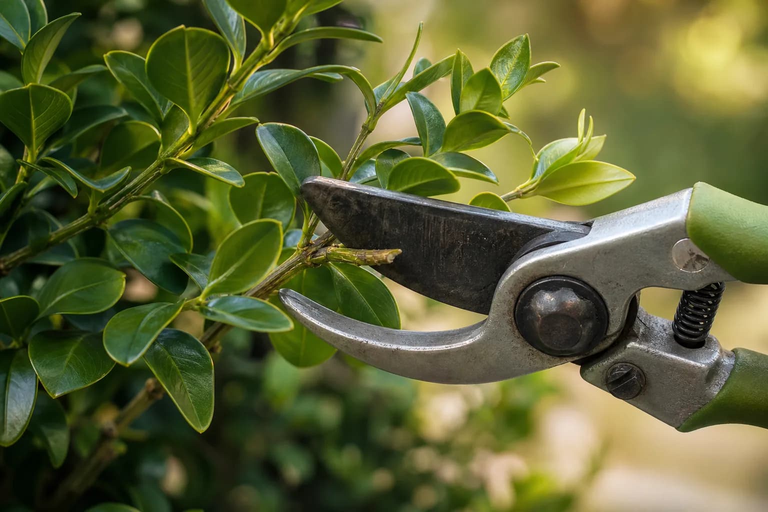 Careful hand pruning of a garden shrub with secateurs
