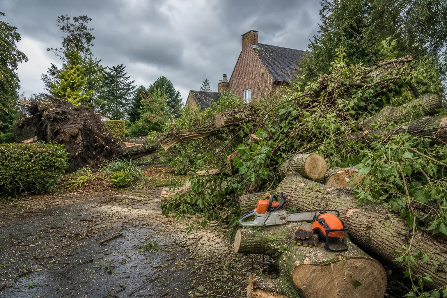 A storm-damaged tree fallen across a garden being cleared